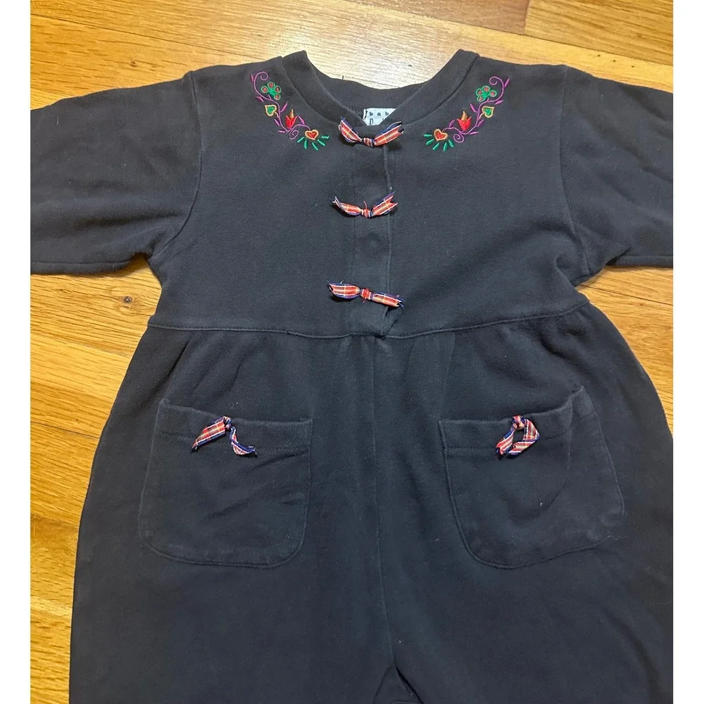Vintage Baby Gap Black Floral Embroidered Romper Plaid Bows 18-24M Cotton XL